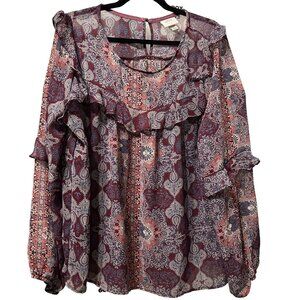 Knox Rose size XXL purple print semi sheer ruffles Boho long sleeve top